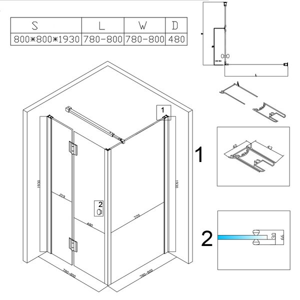 BPS-koupelny Štvorcový sprchový kút KZ1390A BL 80x80 čierna/transparent + vanička ST02A BL čierna