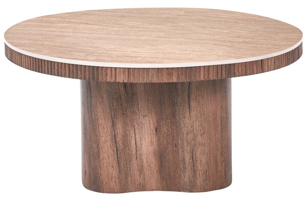 Konferenčný stolík hnedý MDF keramická vrchná doska s efektom travertínu podnož mid-century modern štýl obývačka