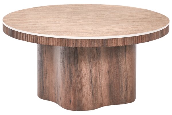 Konferenčný stolík hnedý MDF keramická vrchná doska s efektom travertínu podnož mid-century modern štýl obývačka