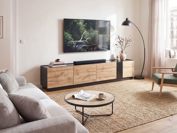 TV stolík svetlohnedá drevotriesková doska komoda s 3 dvierkami a 2 zásuvkami úložný priestor moderný škandinávsky štýl obývačka