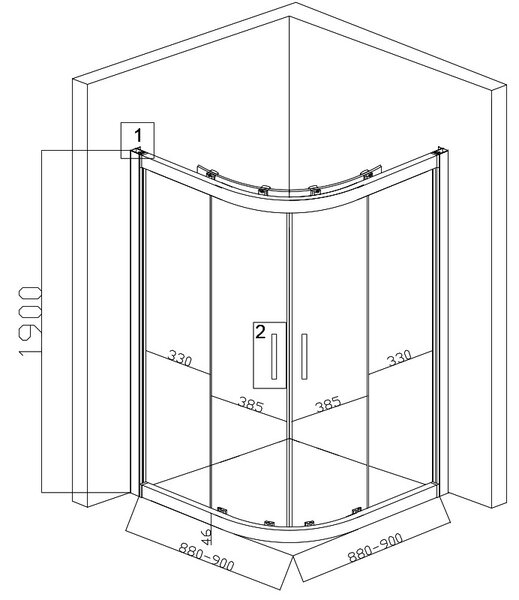 BPS-koupelny Štvrťkruhový sprchový kút BS01B 90x90 čierna/transparent - bez vaničky