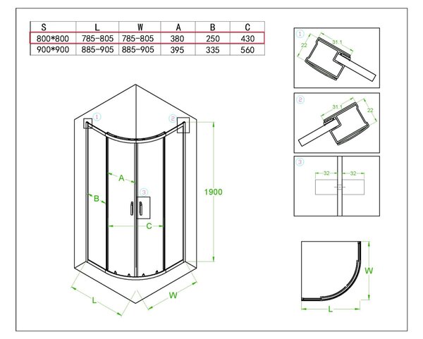 BPS-koupelny Štvrťkruhový sprchový kút KZ94B 90x90 biela/transparent - bez vaničky
