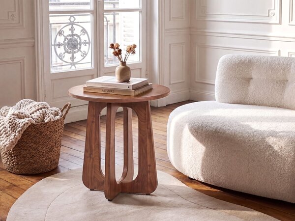 Odkladací stolík hnedý MDF drevený efekt okrúhly tvar mid-century modern štýl obývačka