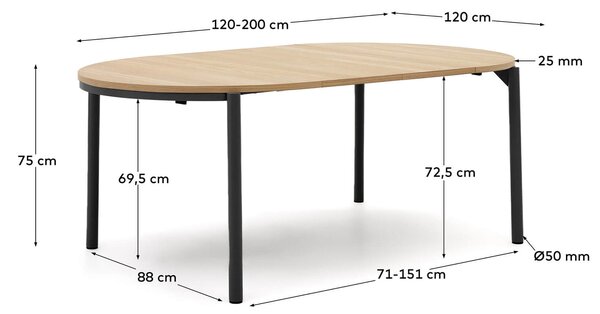 MUZZA Rozkladací jedálenský stôl tuiri Ø 120 (200) cm prírodný/čierny