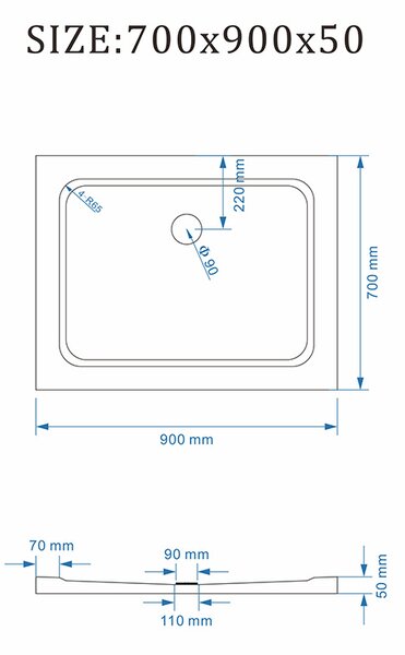 BPS-koupelny Obdĺžniková akrylátová sprchová vanička ST05C WH 90x70 biela