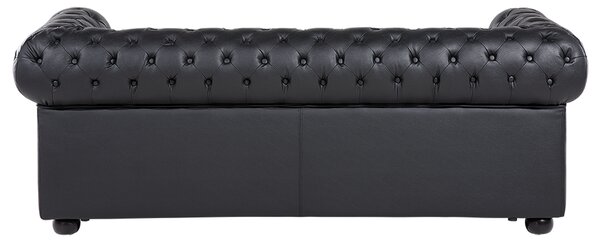 Pohovka chesterfield čierna kožená čalúnená nízke prešívané operadlo čierne nohy 3-miestna moderná