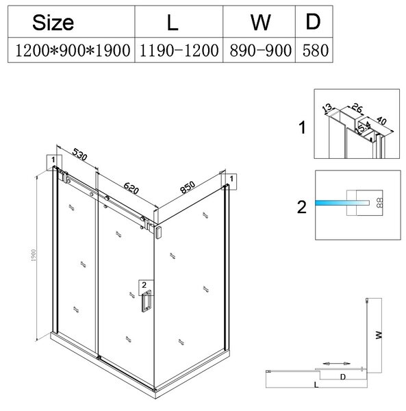 BPS-koupelny Obdĺžnikový sprchový kút KZ202C 120x90 chróm/transparent + vanička ST04C BL čierna
