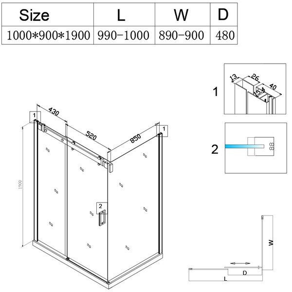 BPS-koupelny Obdĺžnikový sprchový kút KZ202A 100x90 chróm/transparent + vanička ST04A BL čierna