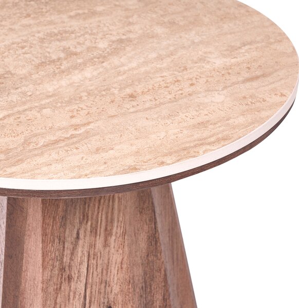 Odkladací stolík hnedý MDF keramická vrchná doska s efektom travertínu drážkovaná podnož mid-century modern štýl obývačka
