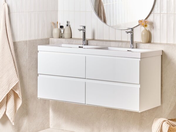 Závesná kúpeľňová skrinka s dvojitým umývadlom biela MDF 120 x 46 cm so 4 zásuvkami úložný priestor moderný štýl kúpeľňa