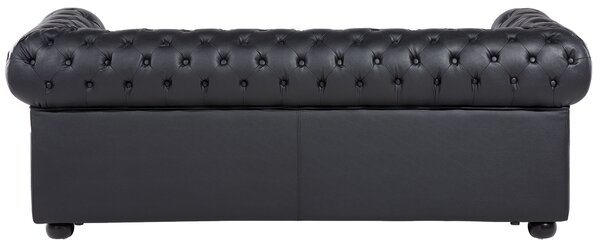 Sedacia súprava chesterfield čierna kožená čalúnená tmavé drevené nohy 3-miestna pohovka s kreslom moderná