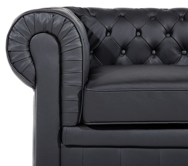 Sedacia súprava chesterfield čierna kožená čalúnená tmavé drevené nohy 3-miestna pohovka s kreslom moderná