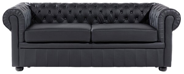 Sedacia súprava chesterfield čierna kožená čalúnená tmavé drevené nohy 3-miestna pohovka s kreslom moderná