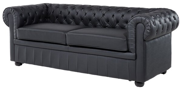 Sedacia súprava chesterfield čierna kožená čalúnená tmavé drevené nohy 3-miestna pohovka s kreslom moderná