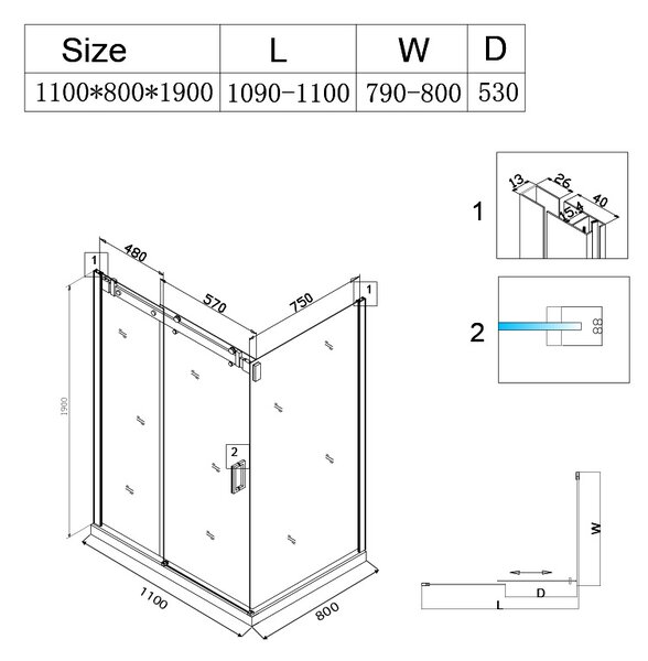 BPS-koupelny Obdĺžnikový sprchový kút BS15B 110x80 čierna/transparent - bez vaničky