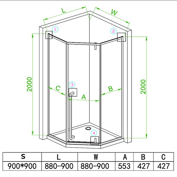 BPS-koupelny Päťuholníkový sprchovací kút BS07B 90x90 čierna/transparent + vanička SXL07B BL čierna