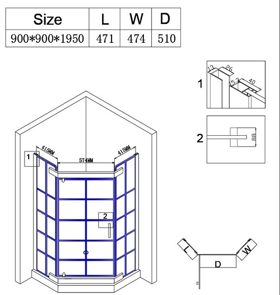 BPS-koupelny Päťuholníkový sprchový kút BS06B 90x90 čierna/transparent - bez vaničky