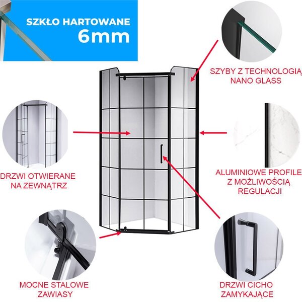BPS-koupelny Päťuholníkový sprchový kút BS06B 90x90 čierna/transparent - bez vaničky