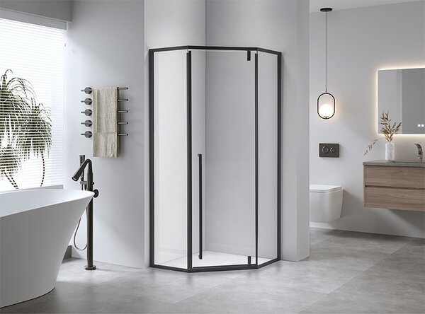 BPS-koupelny Päťuholníkový sprchovací kút BS07C 100x100 čierna/transparent + vanička SXL07C WH biela