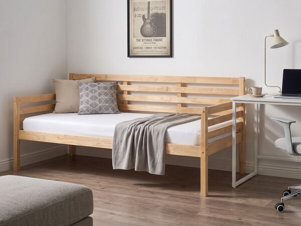 Denná posteľ prírodná kaučukové drevo 90 x 200 cm jednolôžko s roštom moderný štýl detská izba hosťovská izba