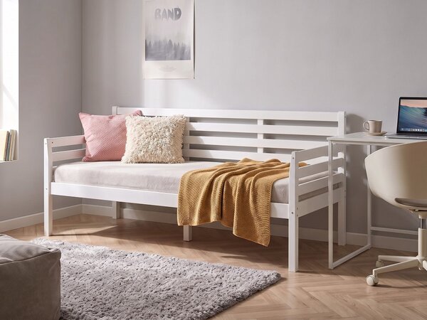 Denná posteľ biela kaučukové drevo 90 x 200 cm jednolôžko s roštom moderný štýl detská izba hosťovská izba