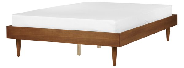 Posteľ hnedý jaseň kaučukové drevo 140 x 200 cm rám postele bez čela s lamelovým roštom minimalistický rustikálny štýl