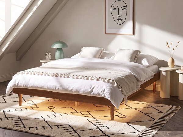 Posteľ hnedý jaseň kaučukové drevo 160 x 200 cm rám postele bez čela s lamelovým roštom a LED minimalistický rustikálny štýl
