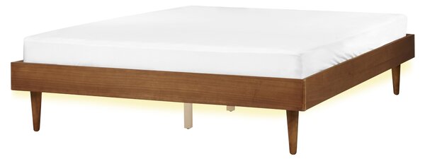 Posteľ hnedý jaseň kaučukové drevo 160 x 200 cm rám postele bez čela s lamelovým roštom a LED minimalistický rustikálny štýl