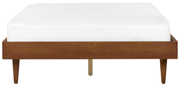 Posteľ hnedý jaseň kaučukové drevo 140 x 200 cm rám postele bez čela s lamelovým roštom minimalistický rustikálny štýl