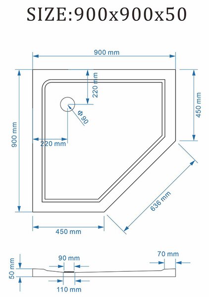 BPS-koupelny Päťuholníková akrylátová sprchová vanička RAVE BL 90x90 čierna