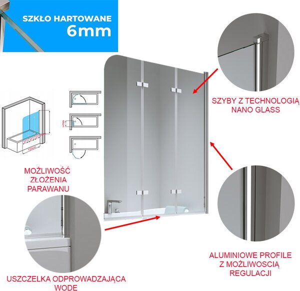 BPS-koupelny Trojdielna vaňová zástena PR05 100x140 chróm