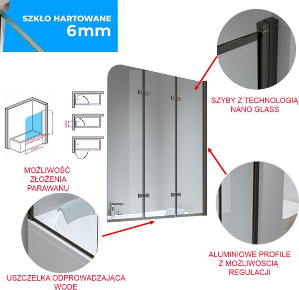 BPS-koupelny Trojdielna vaňová zástena PR05 BL 100x140 čierna