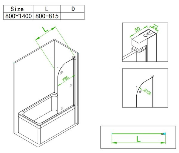 BPS-koupelny Jednodielna vaňová zástena PR01 80x140 chróm/transparent