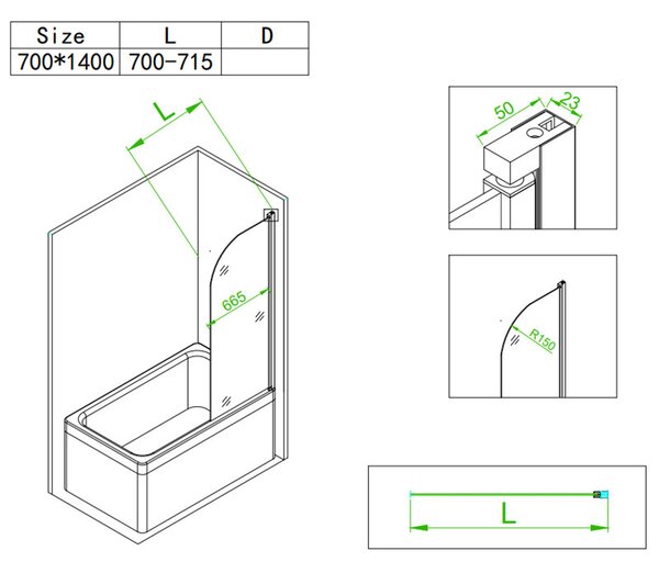 BPS-koupelny Jednodielna vaňová zástena PR01 BL 70x140 čierna/transparent