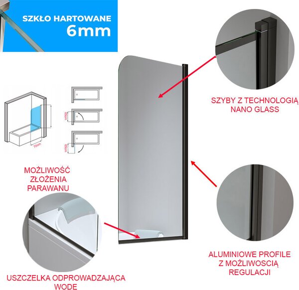BPS-koupelny Jednodielna vaňová zástena PR01 BL 70x140 čierna/transparent