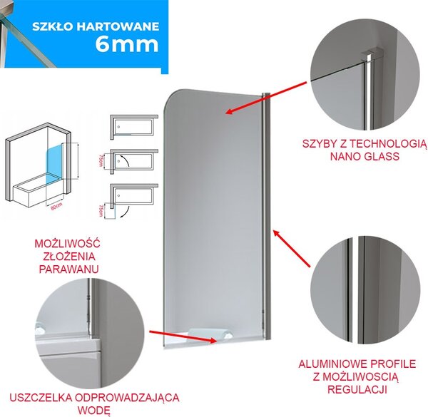 BPS-koupelny Jednodielna vaňová zástena PR01 80x140 chróm/transparent