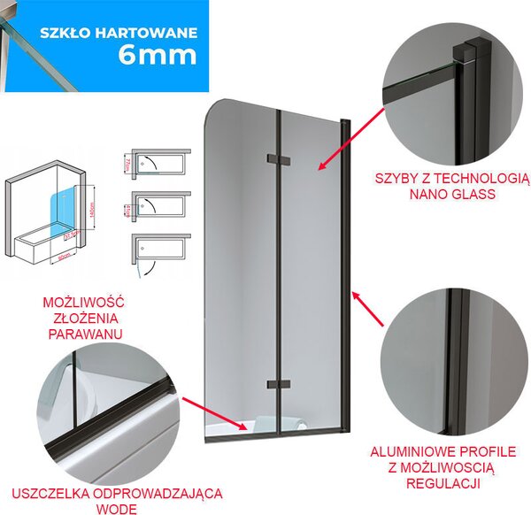 BPS-koupelny Dvojdielna vaňová zastena PR04 BL 80x140 čierna