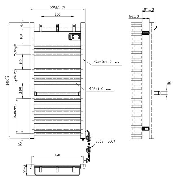 BPS-koupelny Elektrický kúpeľňový radiátor YASUR BL ECO 500W, 50x105 cm, čierny