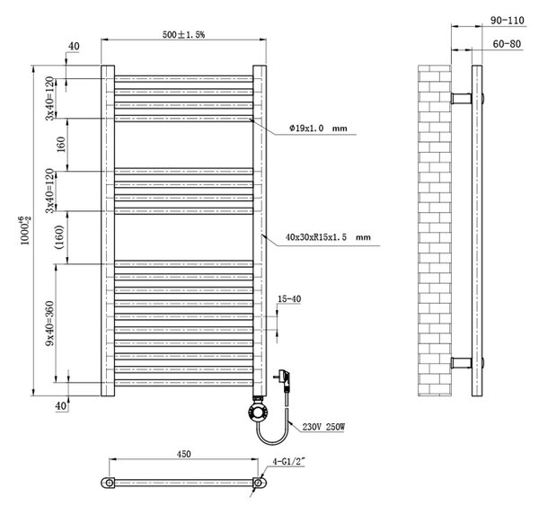 BPS-koupelny Elektrický kúpeľňový radiátor KATLA BL 250W, 50x100 cm, čierny