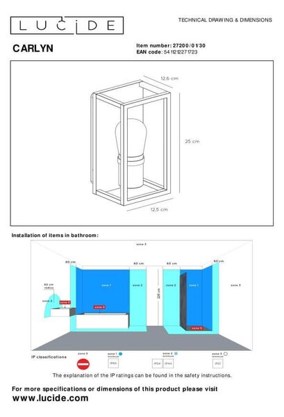 Lucide 27200/01/30 nástenné svietidlo Carlyn 1x6W | E14 | IP54 - do kúpeľne