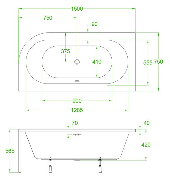 BPS-koupelny Akrylátová asymetrická vaňa s krycím panelom EBI 150L P BL 150x75 cm ĽAVÁ, biela/čierna