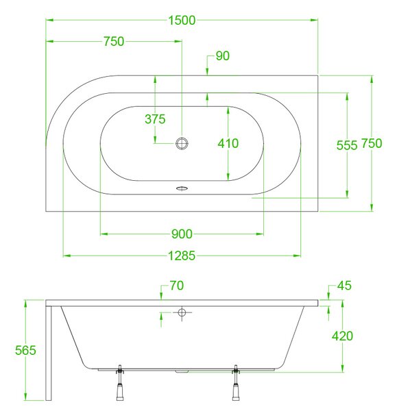BPS-koupelny Akrylátová asymetrická vaňa na zabudovanie EBI 150L 150x75 cm ĽAVÁ, biela/chróm