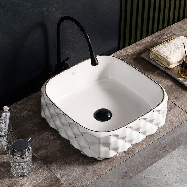 BPS-koupelny Keramické umývadlo na dosku PEARL WH GL 400 40x40 cm, biela/zlatá