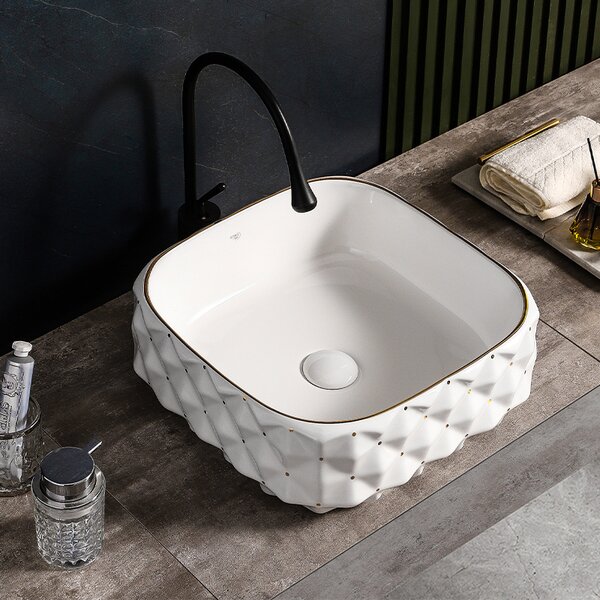 BPS-koupelny Keramické umývadlo na dosku PEARL WH GL 400 40x40 cm, biela/zlatá