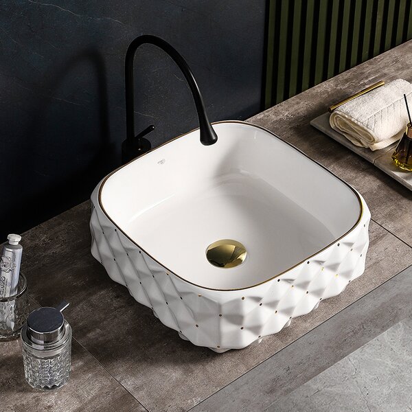 BPS-koupelny Keramické umývadlo na dosku PEARL WH GL 400 40x40 cm, biela/zlatá