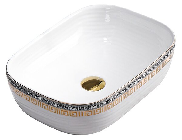 BPS-koupelny Keramické umývadlo na dosku MILO WH MOD2 455 44,5x32,5 cm, biele/zlatý dekor