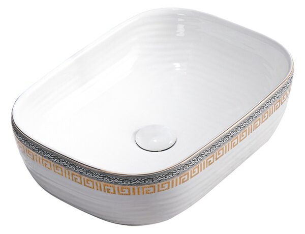 BPS-koupelny Keramické umývadlo na dosku MILO WH MOD2 455 44,5x32,5 cm, biele/zlatý dekor