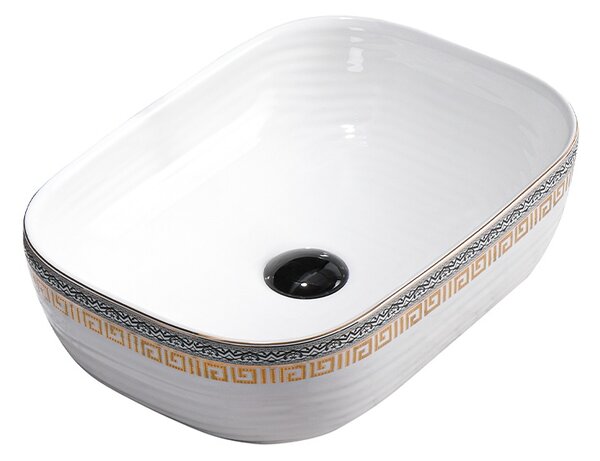 BPS-koupelny Keramické umývadlo na dosku MILO WH MOD2 455 44,5x32,5 cm, biele/zlatý dekor