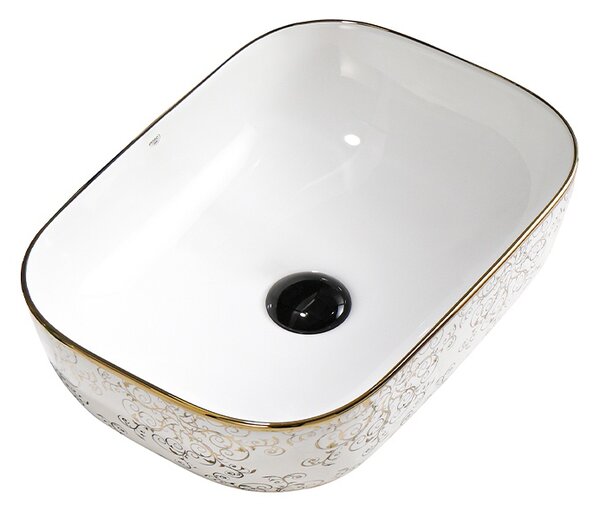 BPS-koupelny Keramické umývadlo na dosku MILO WH MOD1 455 45,5x32,5 cm, biele/zlato-strieborný dekor