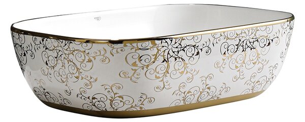 BPS-koupelny Keramické umývadlo na dosku MILO WH MOD1 455 45,5x32,5 cm, biele/zlato-strieborný dekor